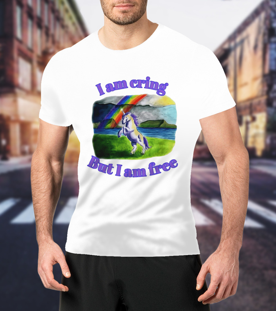 Unicorn I Am Cringe But I Am Free Rainbow Meadow T-Shirt
