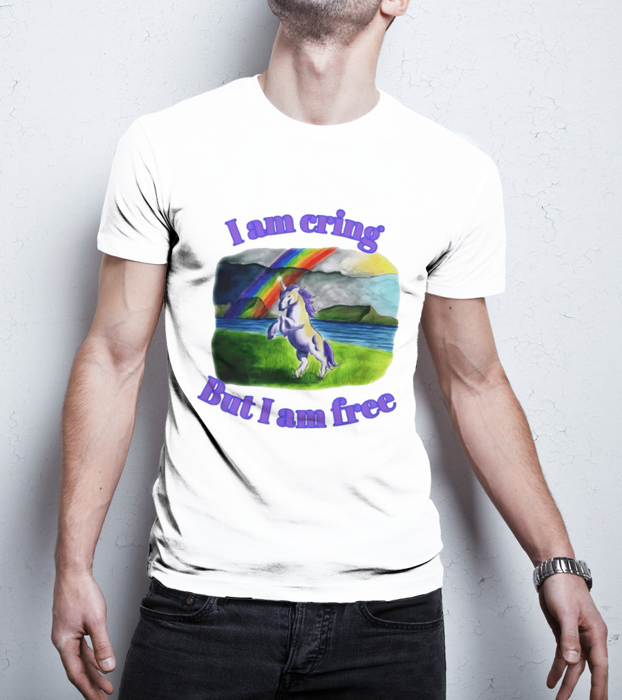 Unicorn I Am Cringe But I Am Free Rainbow Meadow T-Shirt