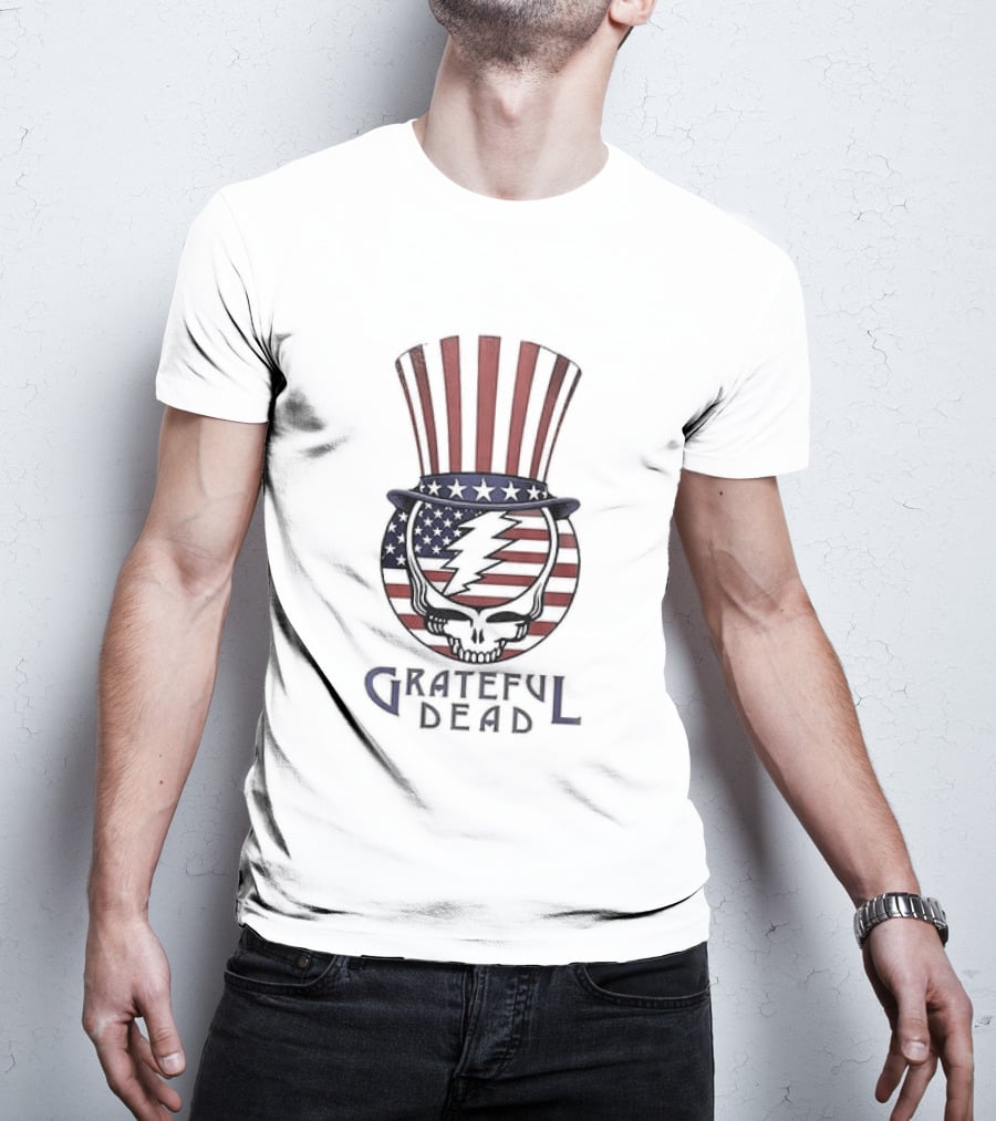 Grateful Dead American Flag Skeleton Uncle Sam Hat T-Shirt