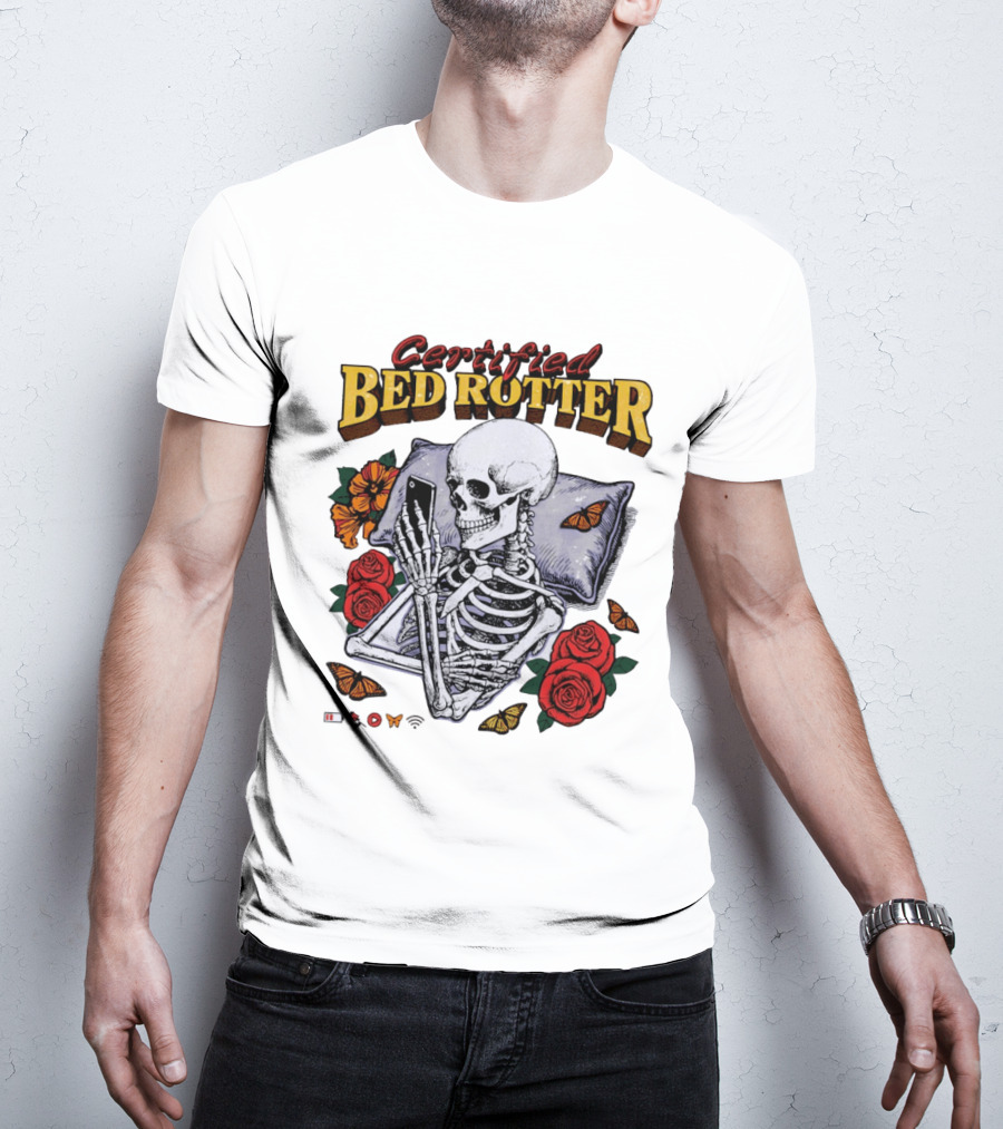 Certified Bed Rotter Skeleton Smartphone Butterfly Rose T-Shirt