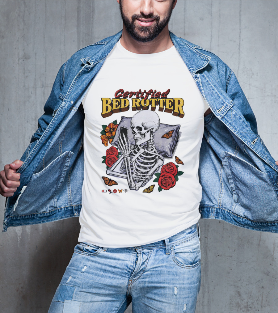 Certified Bed Rotter Skeleton Smartphone Butterfly Rose T-Shirt