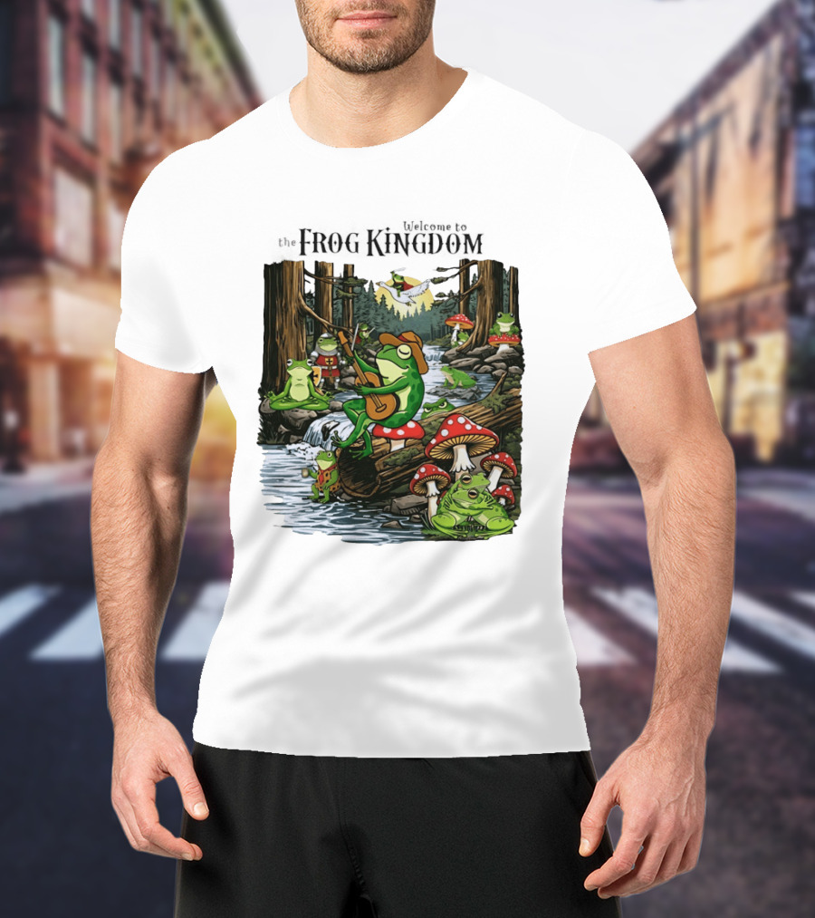 Frog Playing Guitar Forest Gathering Welcome To The Frog Kingdom T-Shirt