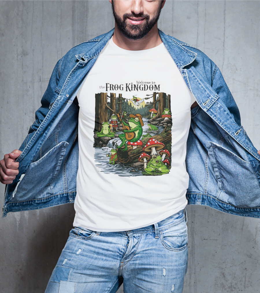 Frog Playing Guitar Forest Gathering Welcome To The Frog Kingdom T-Shirt