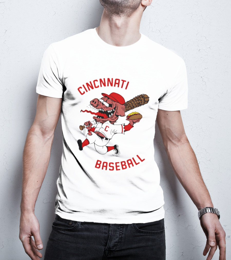Cincinnati Baseball Pig Holding Hot Dog Bat T-Shirt