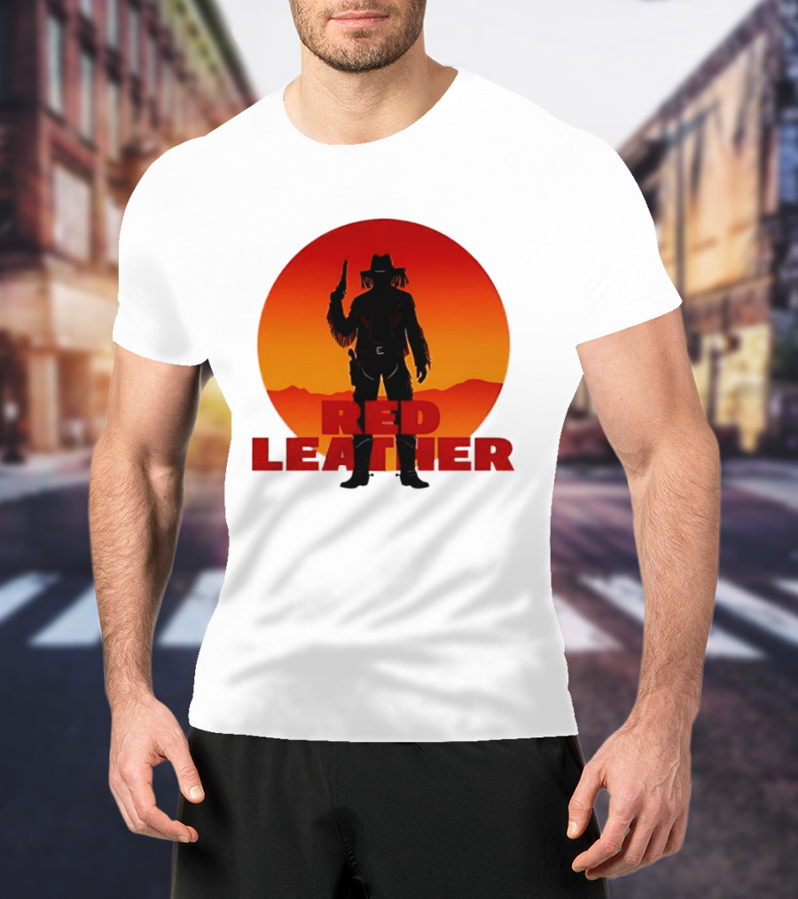 Red Leather Cowboy Sunset Silhouette With Gun And Hat In Desert T-Shirt