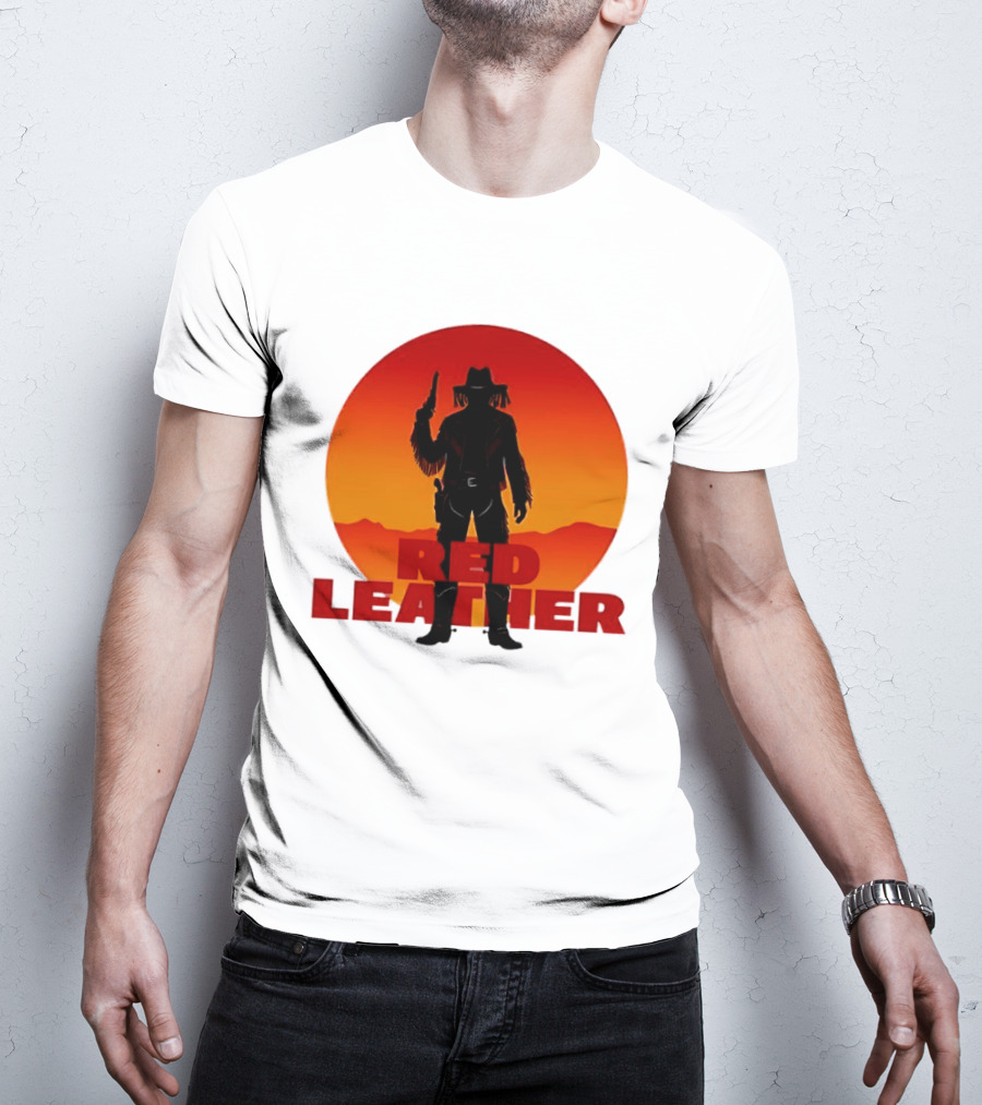 Red Leather Cowboy Sunset Silhouette With Gun And Hat In Desert T-Shirt