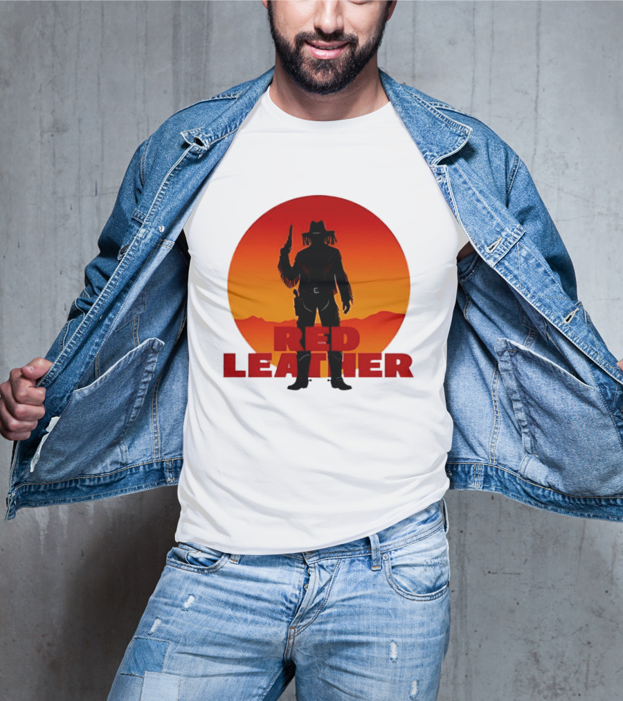 Red Leather Cowboy Sunset Silhouette With Gun And Hat In Desert T-Shirt