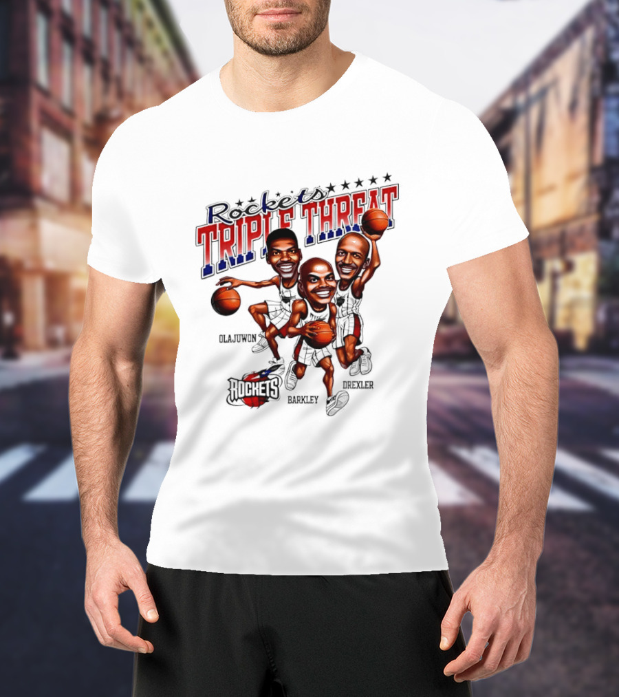 Hakeem Olajuwon Charles Barkley Clyde Drexler Rockets Triple Threat NBA Legends T-Shirt