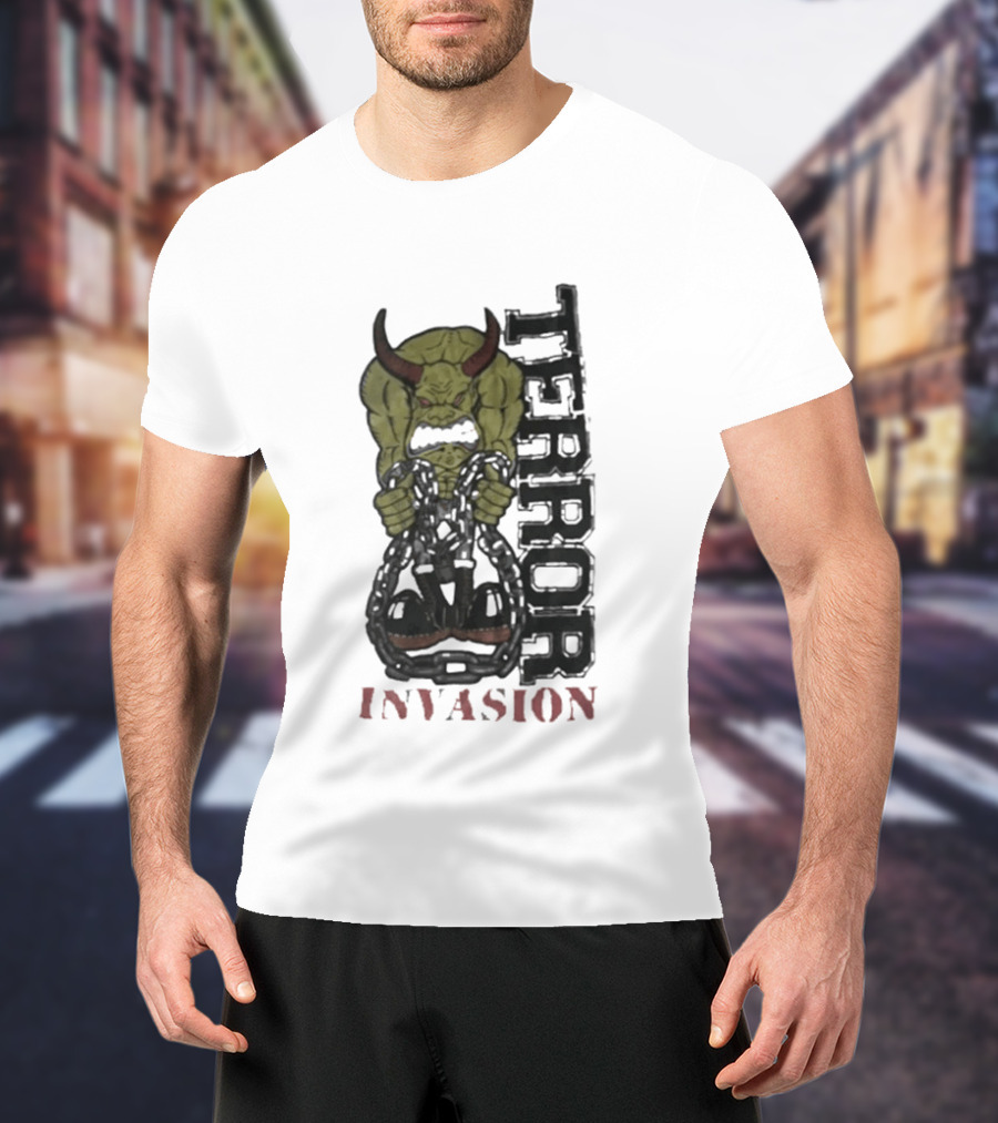 Terror Invasion Demon Holding Chains Warrior Monster T-Shirt
