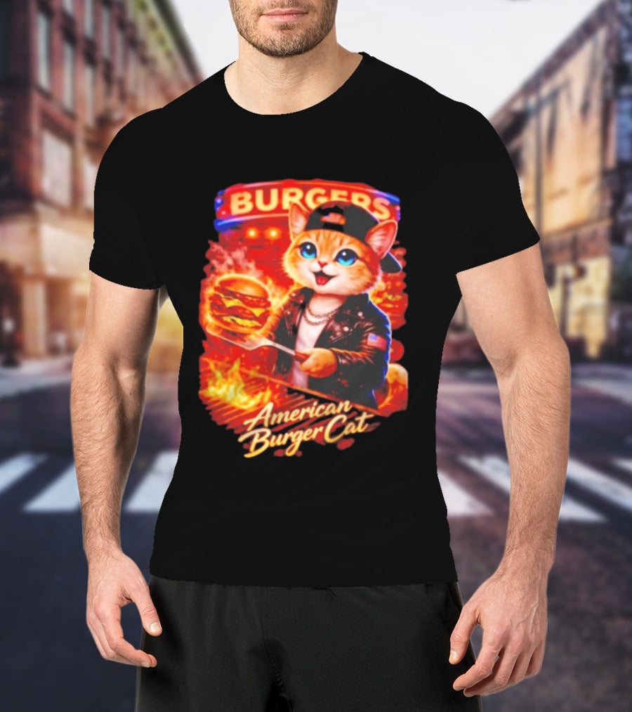 Burgers Flame Grilling American Burger Cat Fun T-Shirt