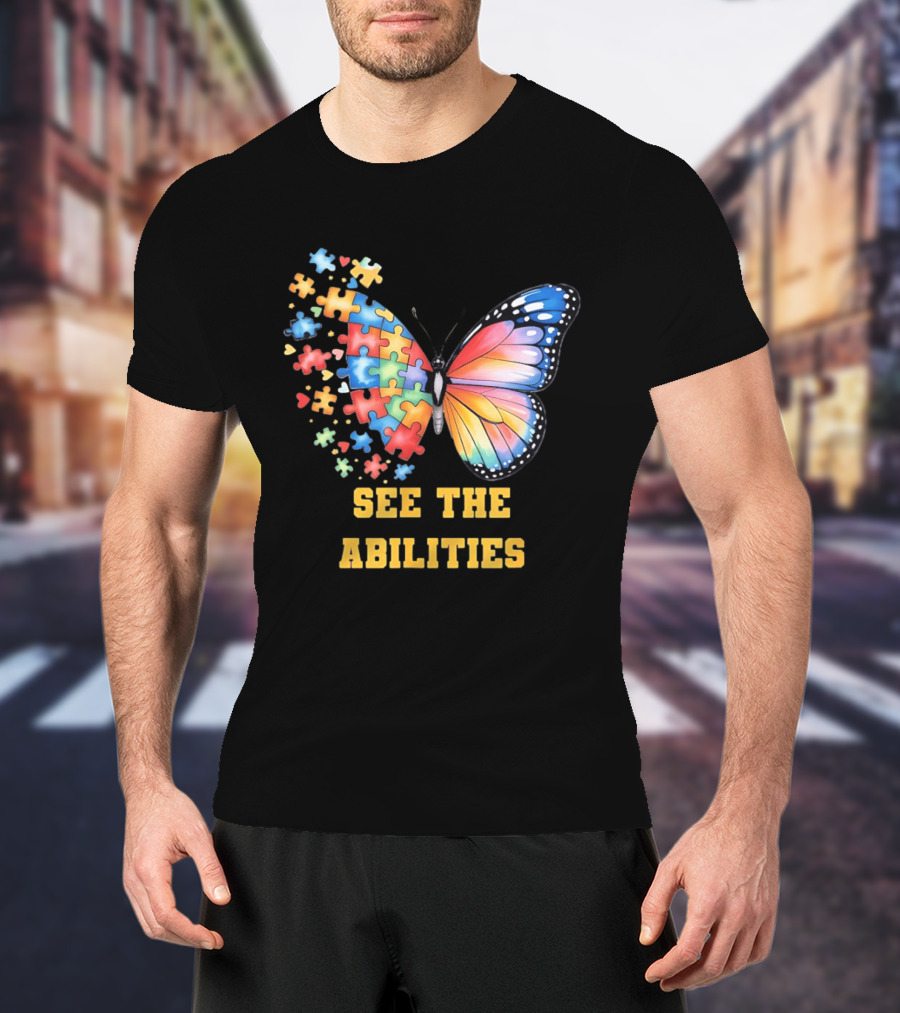 Butterfly Puzzle Pieces Autism Awareness See The Abilities T-Shirt