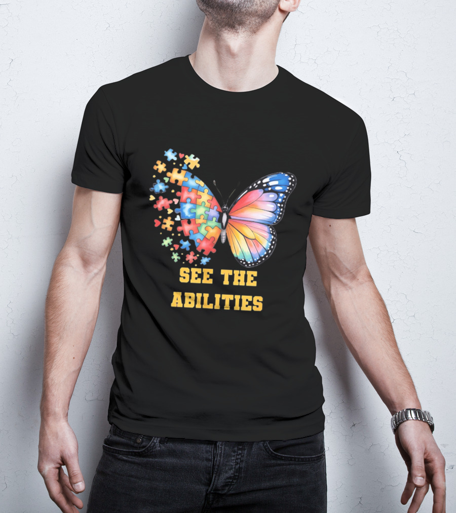 Butterfly Puzzle Pieces Autism Awareness See The Abilities T-Shirt