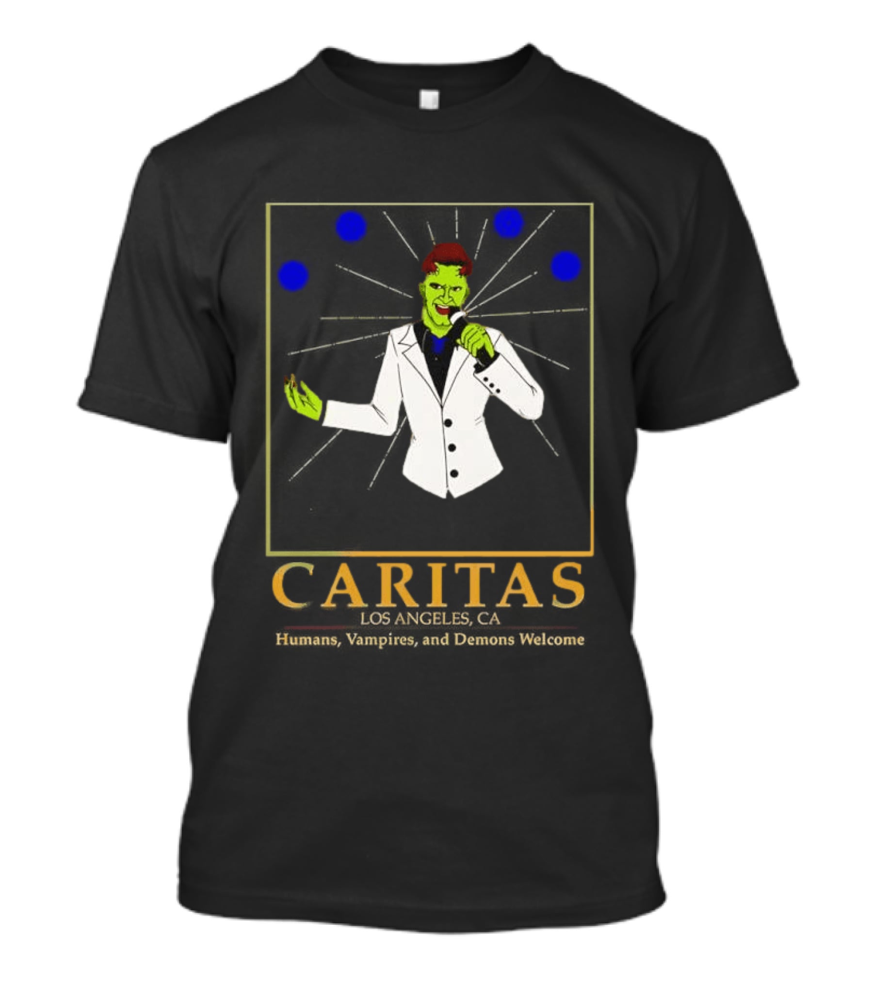 Caritas Los Angeles CA Humans Vampires Demons Welcome Singer In White Suit T-Shirt