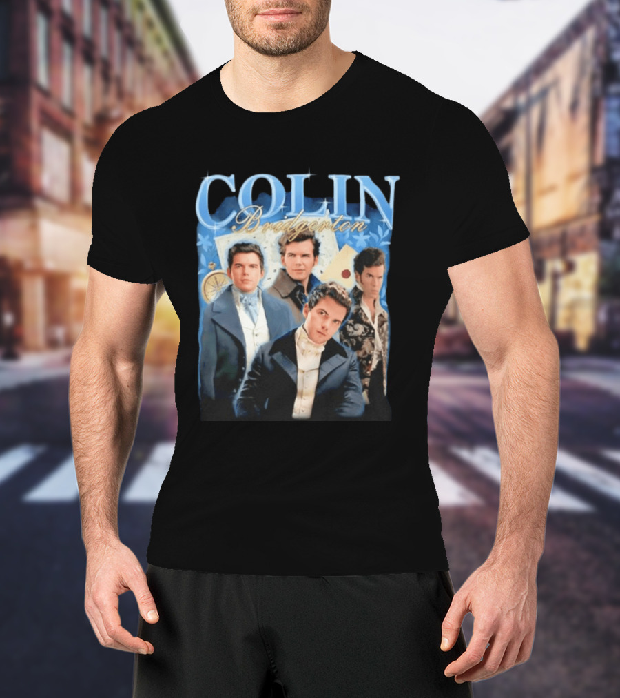 Colin Bridgerton Regency Style Fashion Characters On Blue T-Shirt