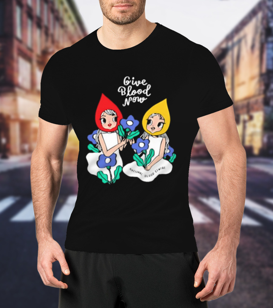 Give Blood Now National Blood Centre Cartoon Girls With Flowers T-Shirt