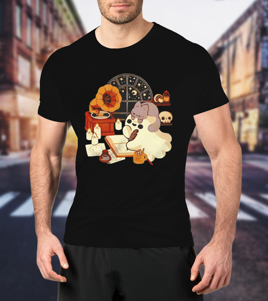 Ghost Cat Listening To Phonograph Under Night Sky While Writing T-Shirt