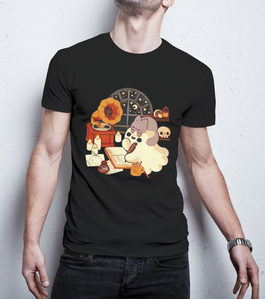 Ghost Cat Listening To Phonograph Under Night Sky While Writing T-Shirt