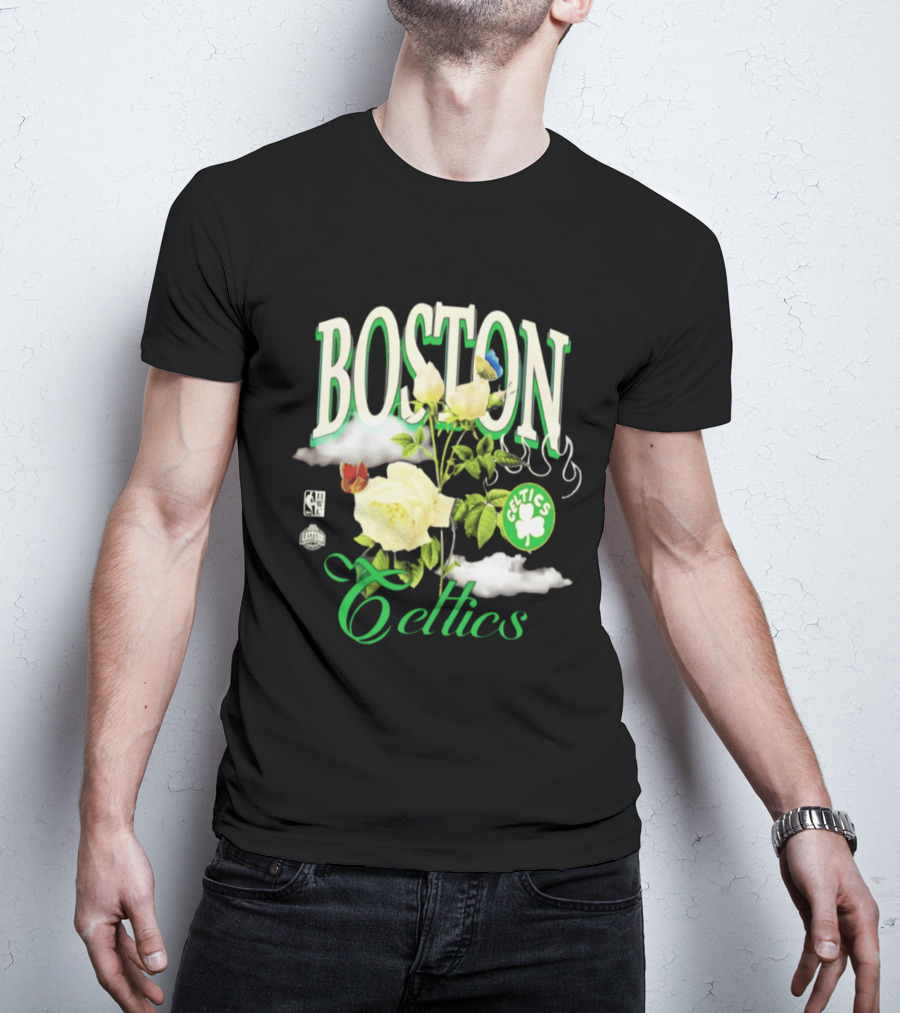 Boston Celtics Floral Roses With Butterfly And Shamrock T-Shirt