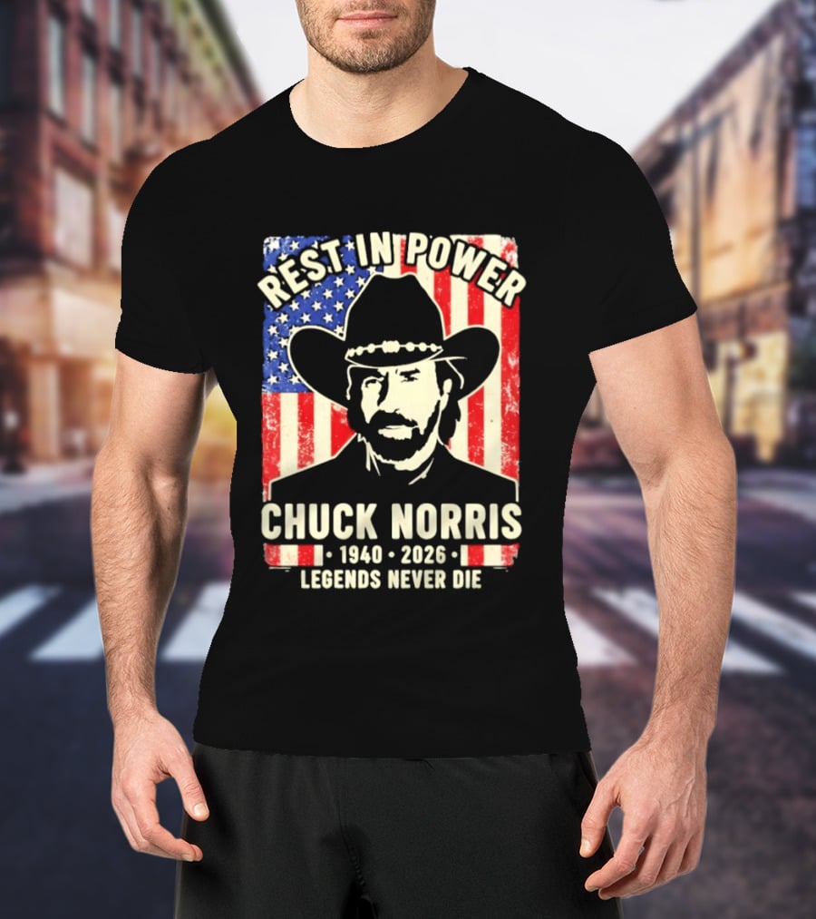 Rest In Power Chuck Norris Legends Never Die 1940 2026 Patriotic Western Cowboy T-Shirt