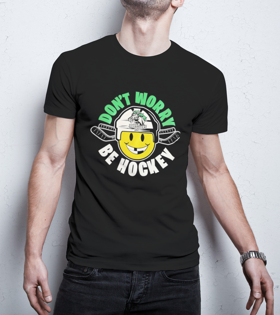 Don't Worry Be Hockey Cedar Rapids RoughRiders Smiley Face Helmet Rugged Fun T-Shirt