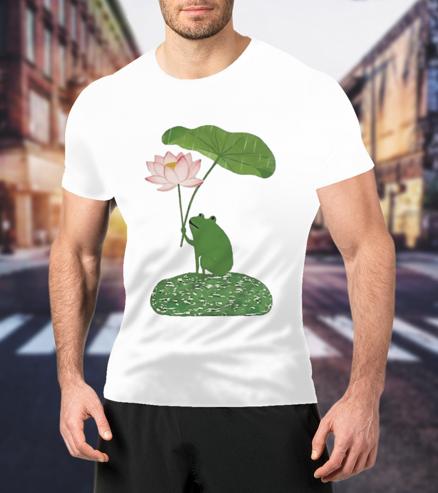Frog With Lotus Umbrella Under The Rain Meme Cute Nature Scene T-Shirt