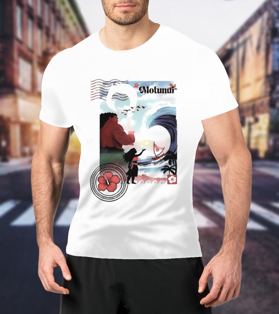 Motunui Postage Stamp Ocean Wave Hibiscus Blossom T-Shirt