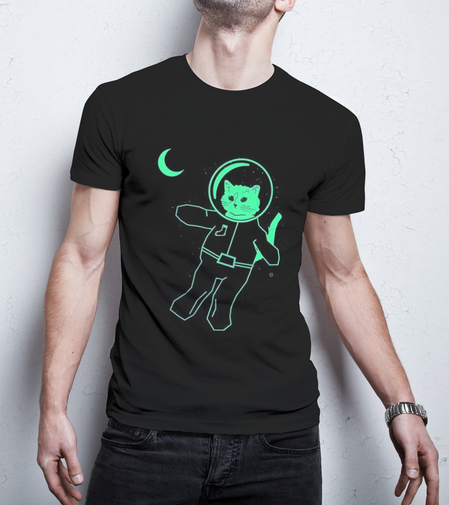 Glow In The Dark Astronaut Neon Cat With Moon Phases T-Shirt