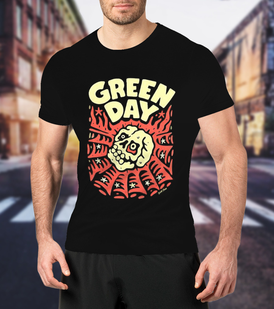 Green Day Skull Spider Red And Cream T-Shirt