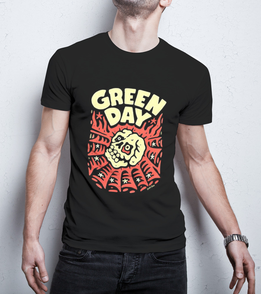 Green Day Skull Spider Red And Cream T-Shirt