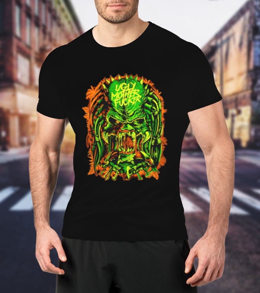 Predator Ugly Mother Fucker Alien Mask Neon Green And Orange T-Shirt