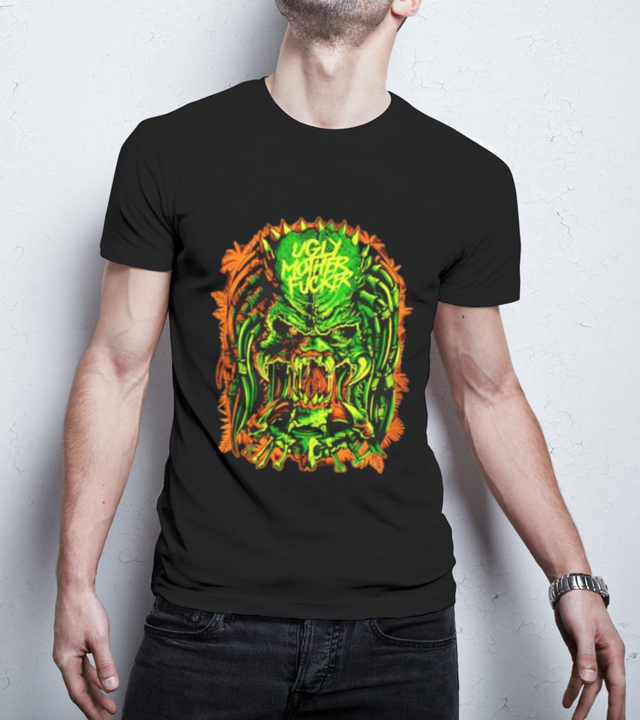 Predator Ugly Mother Fucker Alien Mask Neon Green And Orange T-Shirt
