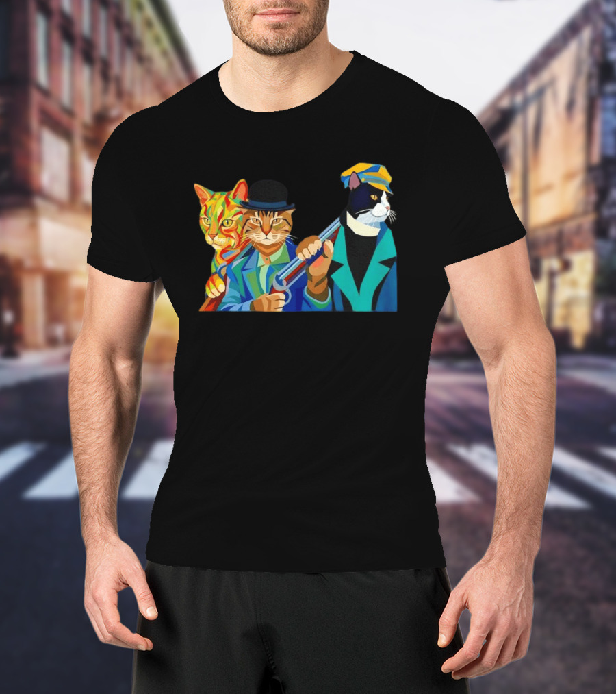 Three Cats Jazz Band Colorful Feline Musicians With Suits And Instruments T-Shirt
