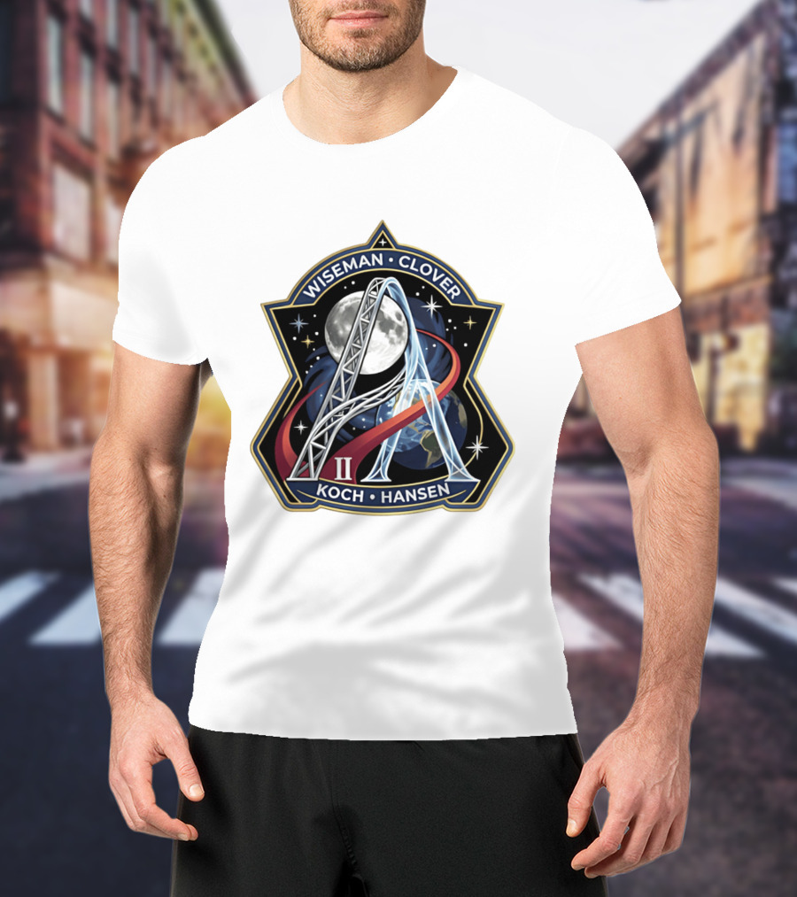 Wiseman Clover Koch Hansen Artemis II Mission Patch With Moon And Earth Galaxy T-Shirt