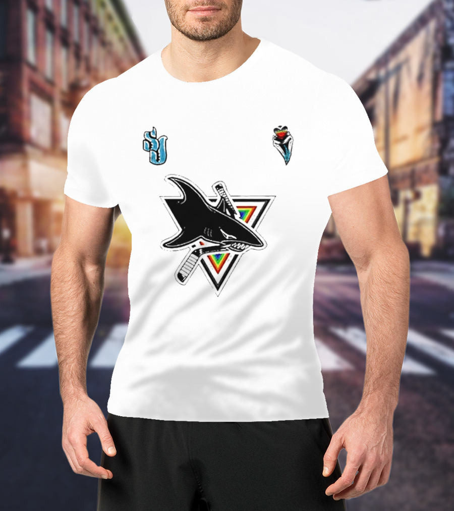 San Jose Sharks Pride Night 2026 Team Logo With Rainbow Accents T-Shirt