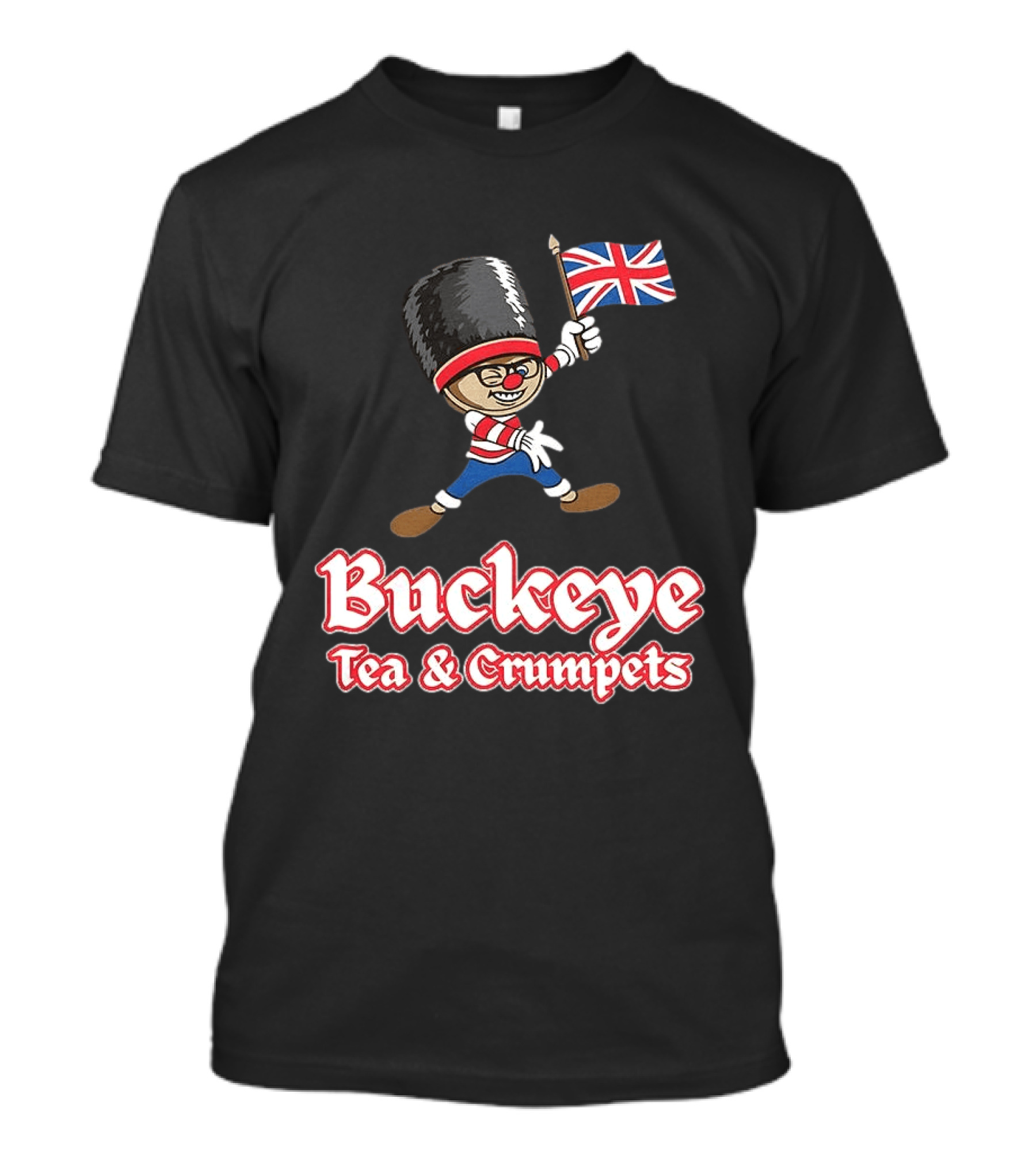 Buckeye Tea And Crumpets British Guard Cartoon With Union Jack Flag T-Shirt
