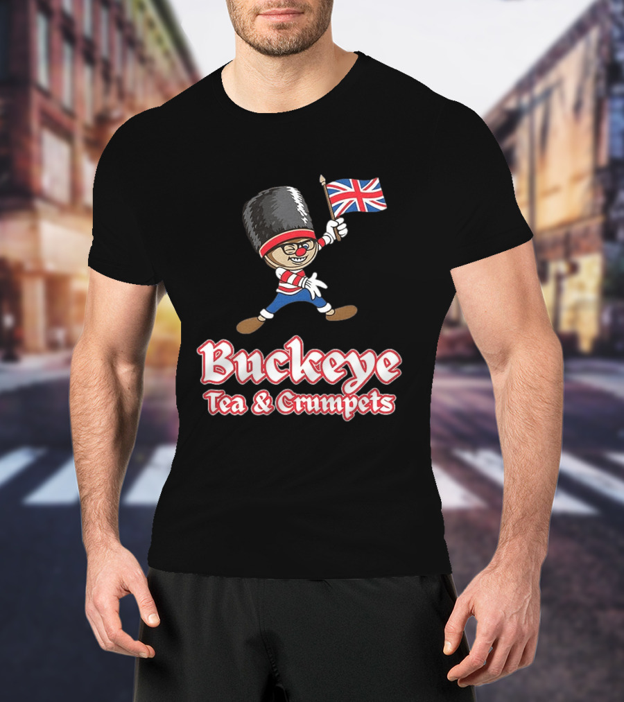Buckeye Tea And Crumpets British Guard Cartoon With Union Jack Flag T-Shirt