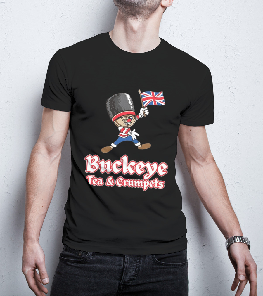Buckeye Tea And Crumpets British Guard Cartoon With Union Jack Flag T-Shirt