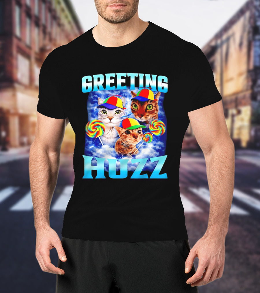 Greeting Huzz Cat Meme With Lollipops And Colorful Hats T-Shirt
