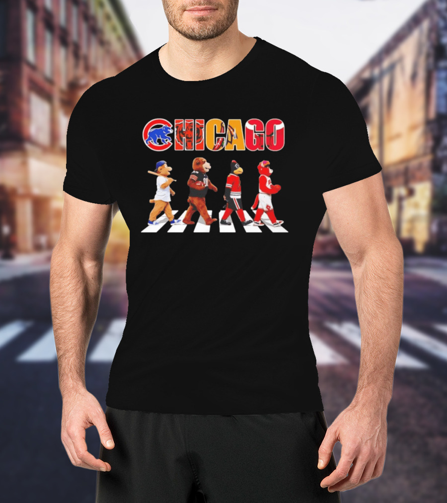 Chicago Cubs Bears Blackhawks Bulls Mascots Crossing Abbey Road T-Shirt