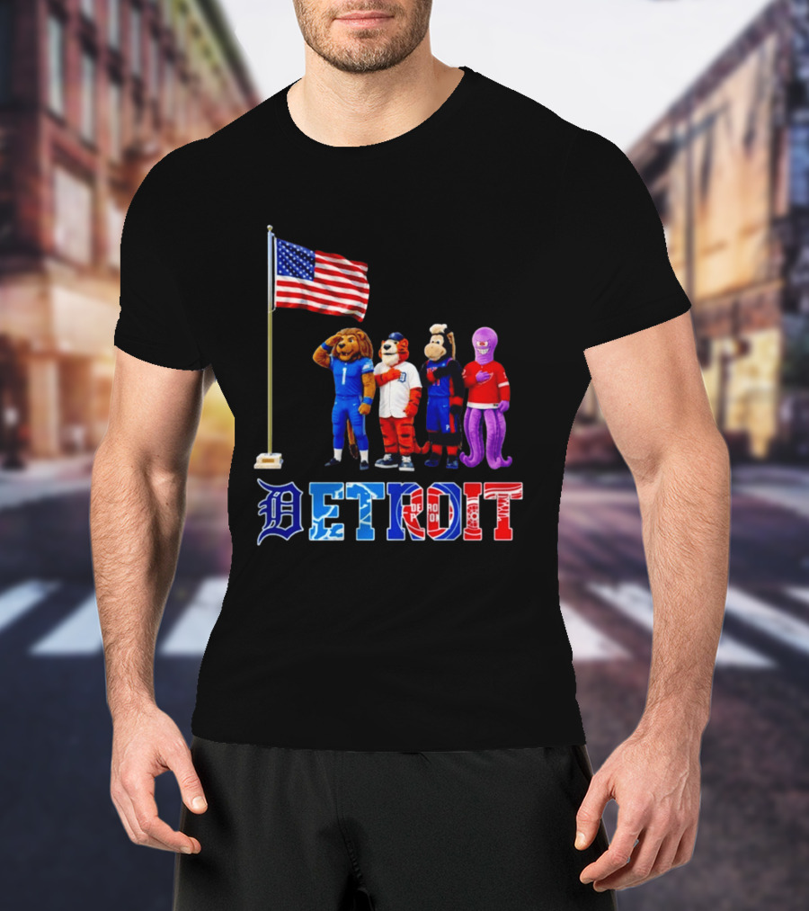Detroit Mascots Salute American Flag T-Shirt