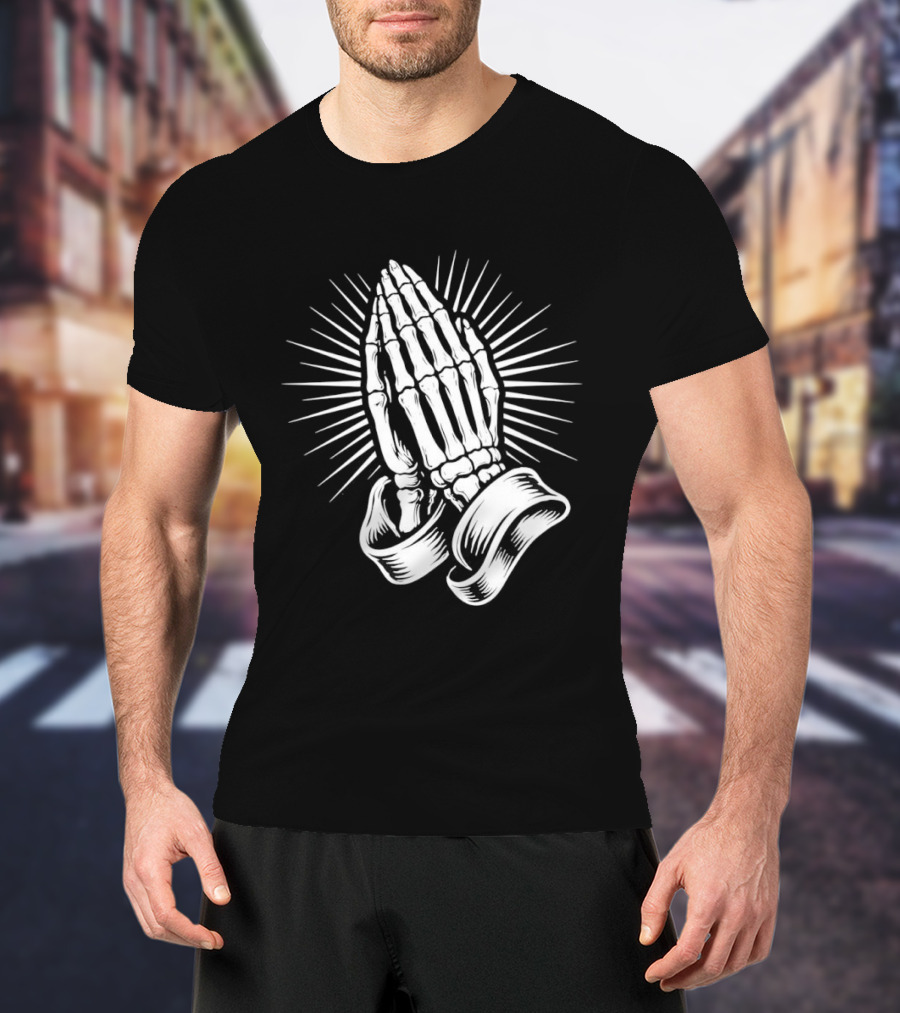 Skeleton Praying Hands Christian Symbol With Radiant Light T-Shirt