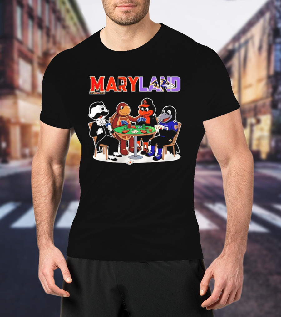Maryland Mascots Playing Poker With Natty Boh, Orioles, Ravens, And Terrapins T-Shirt