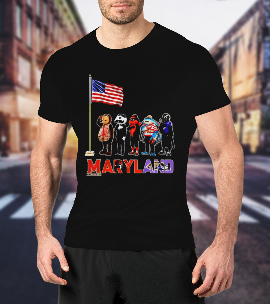 Maryland Mascots Saluting American Flag T-Shirt