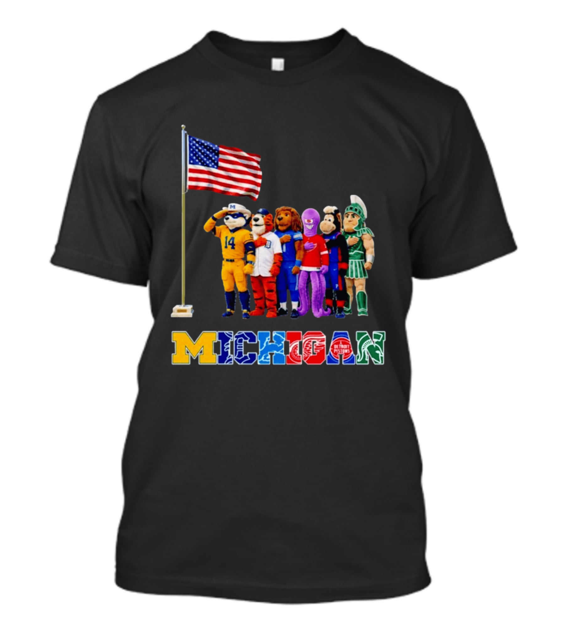 Patriotism In Michigan Sports Mascots Saluting American Flag T-Shirt