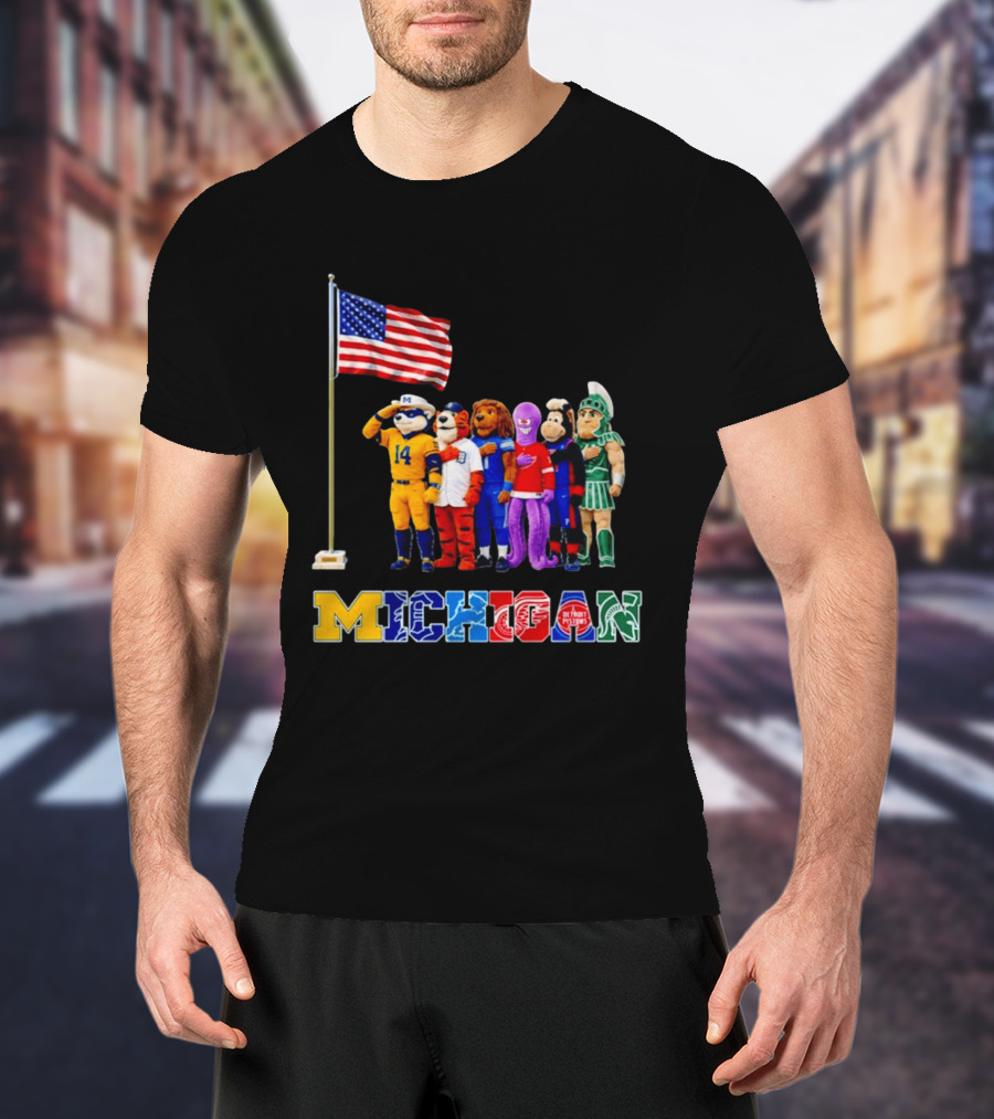 Patriotism In Michigan Sports Mascots Saluting American Flag T-Shirt