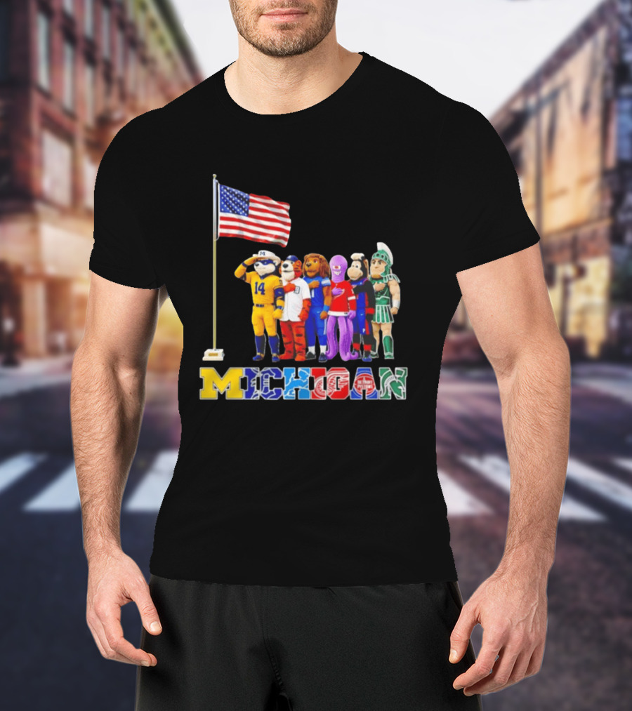 Michigan Wolverine Tigers Lions Red Wings Pistons Spartans Salute American Flag T-Shirt