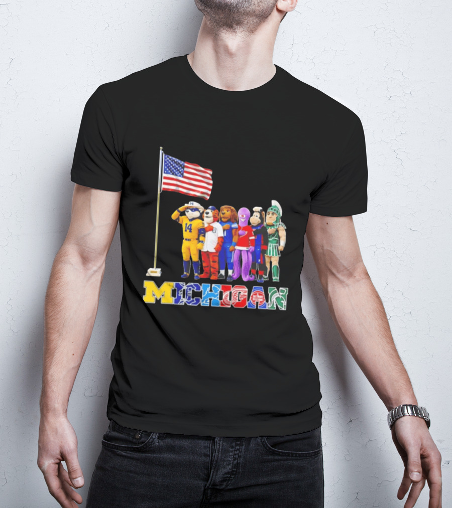 Michigan Wolverine Tigers Lions Red Wings Pistons Spartans Salute American Flag T-Shirt