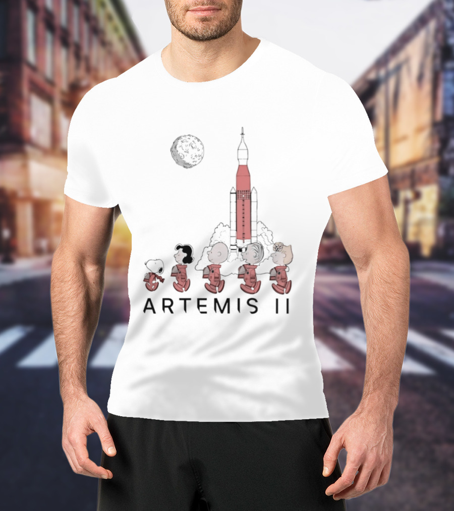 Peanuts Characters Astronaut Outfits Moon Artemis II Rocket T-Shirt