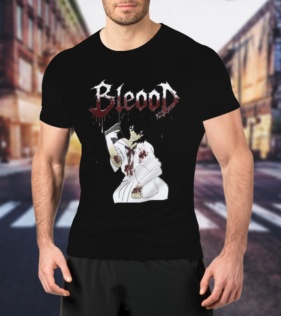 Blood Anime Style Dripping Text And Mysterious Figure T-Shirt