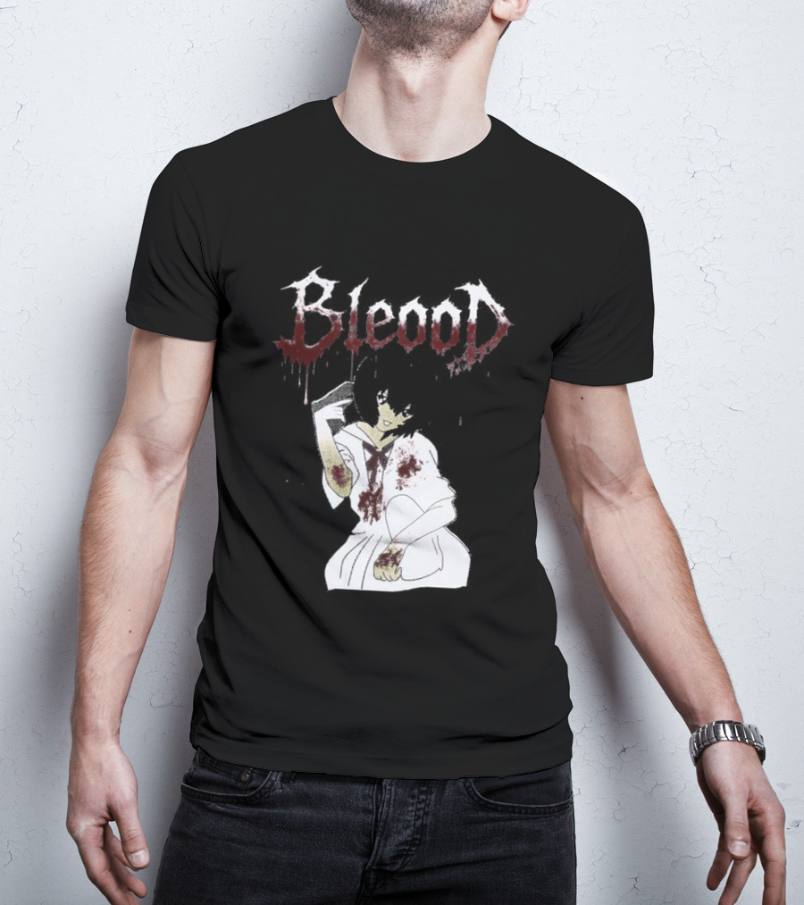 Blood Anime Style Dripping Text And Mysterious Figure T-Shirt